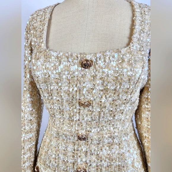 Gianni Bini Women's Cream Tweed Lissy Sequin Long Sleeve Mini Cocktail Dress, 2 - Picture 4 of 16